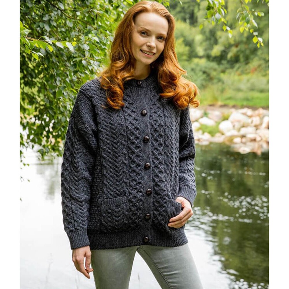 Aran Crafts Traditional Cable Knit Aran Cardigan in Charcoal Gray Size Large